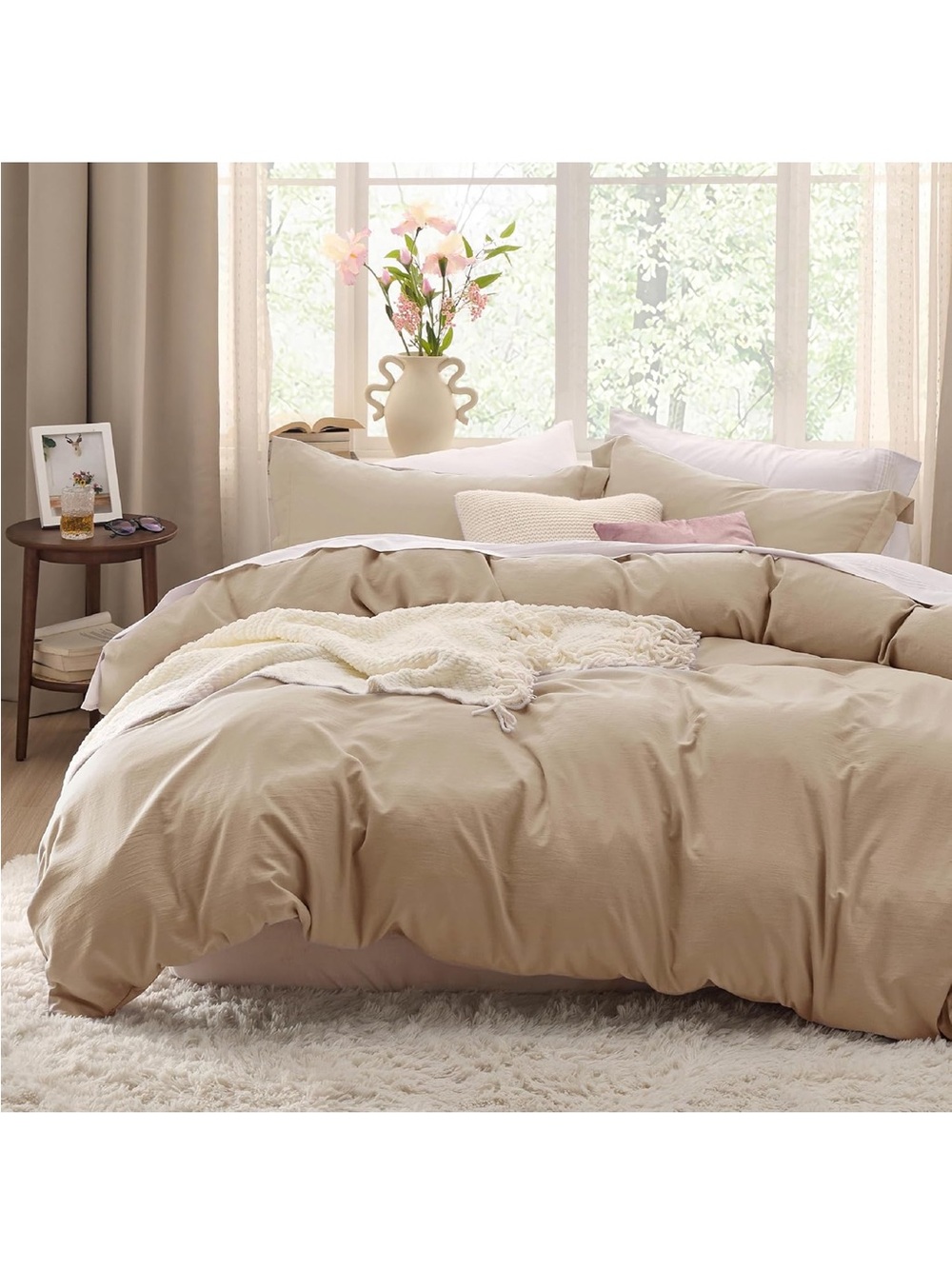 NEW Bedsure Prewashed Duvet Cover Set Queen, Cotton-Like Bedding, Light Brown
